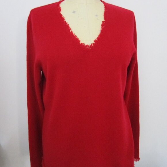 Fringe CASHMERE Pullover Sweater V Neck Red Peck Cuddly Knit Luxury - Picture 1 of 12